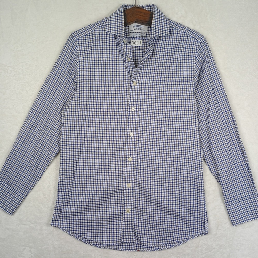 Charles Tyrwhitt Button Down Men 15.5/33 Blue Check Slim Fit Non-Iron Work Shirt